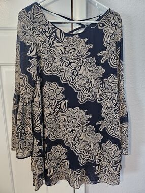 Navy Blue Tunic Dress with Cream Floral Paisley Print